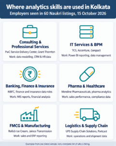 Six Kolkata industries that use analytics skills, with example employers from job listings and typical analytics tasks